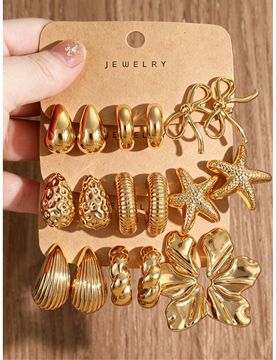 Set de 6/18 pendientes grandes con forma de estrella de mar, lazo, hoja asimétrica, gota de agua lisa, punto cóncavo, aro en forma de C retorcido, a