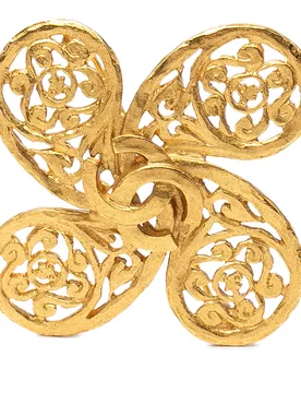 Gold Plated CC Fretwork Clover Brooch - Chanel - FashionsVida