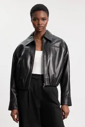 Leather Collared Bomber Jacket - Black - Size: 8