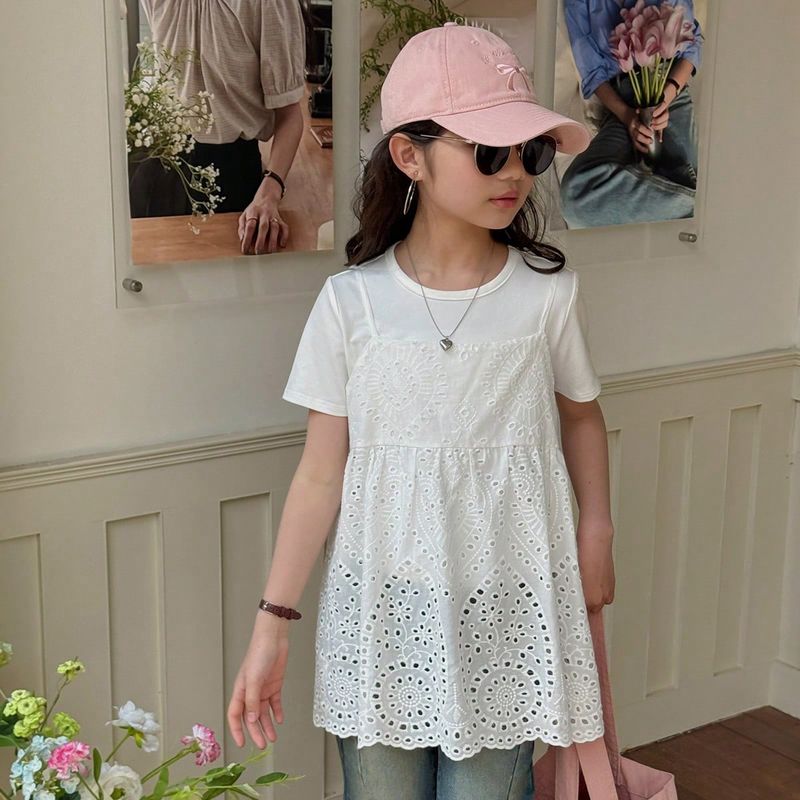 Camiseta de tirantes casual de unicolor con bordado calado para niñas preadolescentes, ropa de regreso a clases