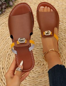 Sandalias planas de mujer con abertura en los dedos, decoradas con cristales, de estilo casual y de colores combinados, sandalias de playa