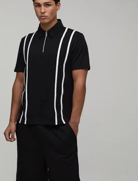 Herren Normal Geschnittenes Reißverschluss-Set Aus Gestreiftem Poloshirt Und Jersey-Shorts Black Größe Small - boohooMAN - FashionsVida