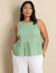 Cotton Rich Gingham Round Neck Peplum Top Green Mix female
