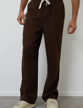 Mens Chocolate Linen Blend Loose Fit Trousers - Size Small - Threadbare - FashionsVida
