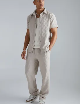 Mens Short Sleeve Textured Stretch Regular Fit Shirt And Trousers Set - Beige - Size 4xl - boohooMAN - FashionsVida