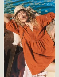 Pure Cotton Embroidered V-Neck Mini Smock Dress Orange female