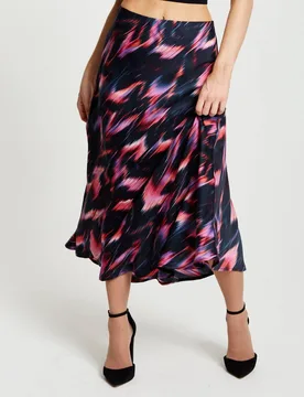 Women's Abstract Ikat Print Midi Skirt In Black & Pink Size: 8 - Black - Size: 8 - Liquorish - FashionsVida