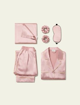 Ensemble Cadeau Nuit Bliss S - Pyjama Soie Charmeuse, Taie d'Oreiller, Masque & Chouchous
