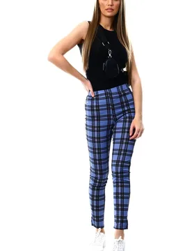 Women's Blue Plaid High-Waisted Trousers Size: 8 - Blue - Size: 8 - Cutie London - FashionsVida