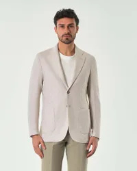 Blazer beige in tessuto ad armatura chevron di cotone e lino con tasche applicate
