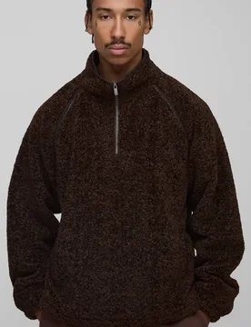 Men's Regular Fit PU Seam Curly Borg Zip Through Jacket Chocolate Size Medium Chocolate M - boohooMAN - FashionsVida