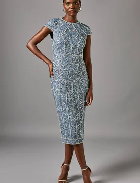 Women's Cap Sleeve Pearl Embellished Pencil Dress in Dusty Blue Size: 18 - Dusty Blue - Size: 18 - Coast - FashionsVida