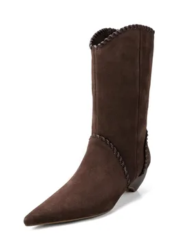 Arden Furtado Autumn Cow suede Pleated Wedges Western boots Pointed toe pull-on Middle heel Sewing Short boots Large size boots - Aliexpress - FashionsVida
