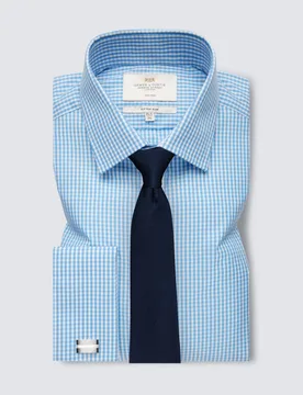 Slim Fit Non Iron Pure Cotton Gingham Shirt Blue Mix male - Hawes & Curtis - FashionsVida