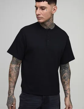 Men's Tall Relaxed Fit Waffle Henley T-Shirt Black Size Large Black L - boohooMAN - FashionsVida