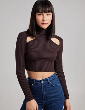 Womens Popular - Ribbed Roll Neck Jumper With Cut Out Detail - Brown Nylon - Size Small - Pink Vanilla - FashionsVida
