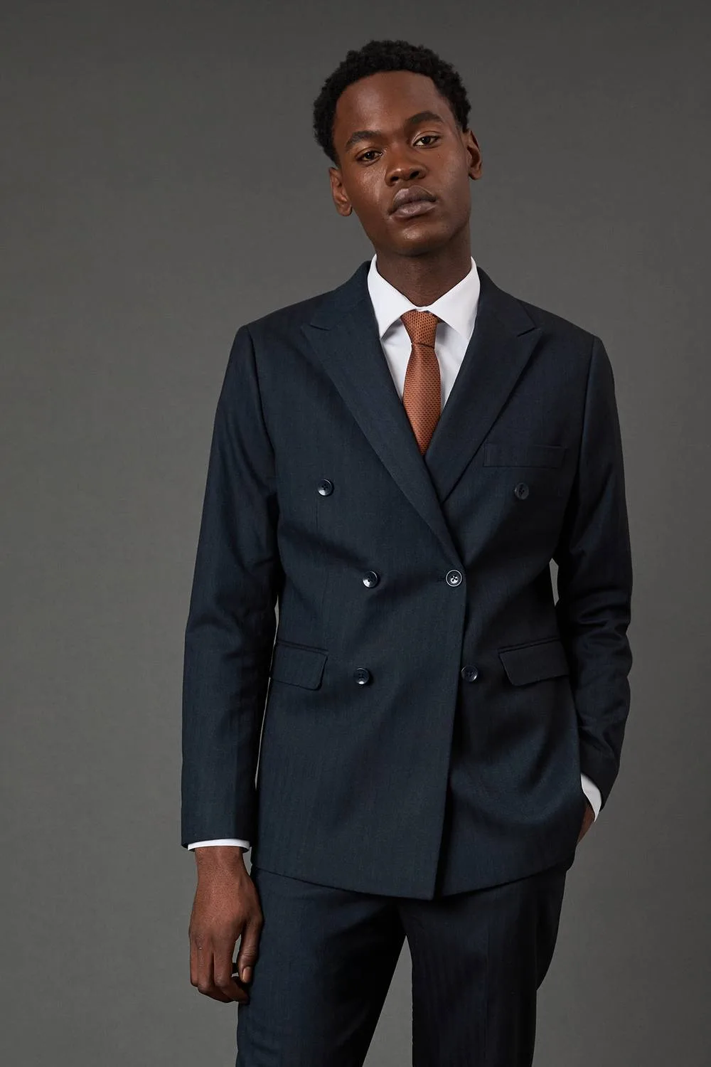 Men's Navy Herringbone Double Breasted Blazer Size: 46R - Navy - Size: 46R - Burton - FashionsVida