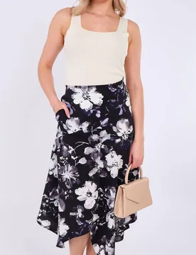 Women's Black Floral Printed Asymmetric Hem Skirt Size: Small - Black - Size: S - LOVE SUNSHINE - FashionsVida