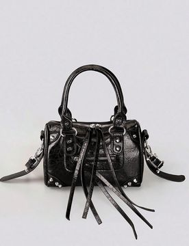 Pieza Bolso de mano cuadrado para mujer estilo motocicleta Y2K punk, de PU vintage con correa, decoración de cremallera con borlas de metal incrustad