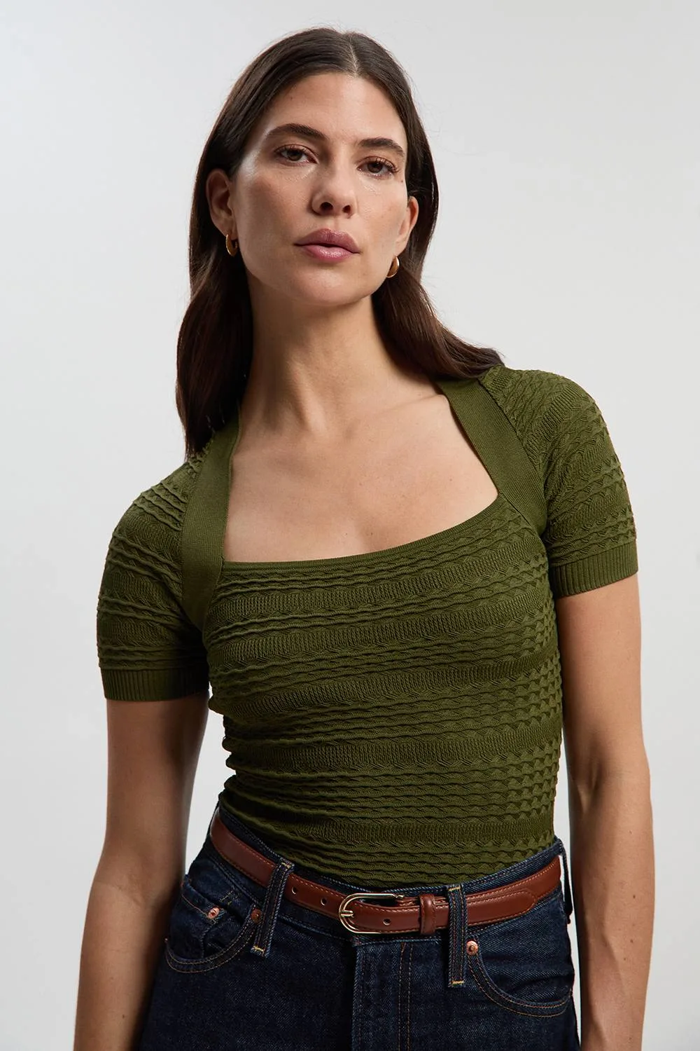 Pointelle Stitch Detail Knit Top - Khaki - Size: S - Karen millen - FashionsVida