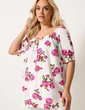 Floral Print Puff Sleeve Top - White - Size: 30-32 - Yours - FashionsVida