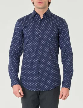 Camicia Hank slim fit blu a fantasia geometrica azzurra e bianca in popeline di cotone stretch con colletto Kent - BOSS - FashionsVida