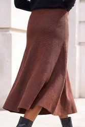 Women's Plain Elastic Waist Knitted A Line Midi Skirt in Chocolate Size: 14 - Chocolate - Size: 14