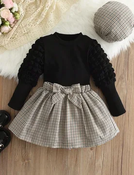 Conjunto De 3 Piezas Para Niña Con Top De Color Sólido Casual, Falda A Cuadros Con Lazo Y Sombrero, Otoño / Invierno - Shein - FashionsVida
