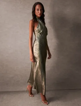 Luxe Twist Front Halter Neck Lame Dress - 14 / GOLD - female - Blue Vanilla - FashionsVida