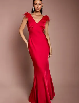 Feather Shoulder Detail V Neck Satin Maxi Dress - Red - Size: 10 - Coast - FashionsVida