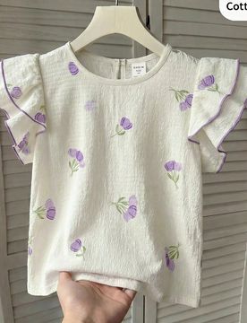 Camisa casual versátil de uso diario para niña joven con cuello redondo y estampado floral
