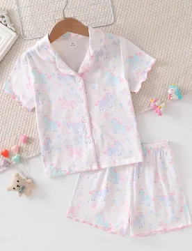 Conjunto de 2 piezas de ropa de estar en casa cómoda para niñas, rosa, dulce y lindo, con manga corta y pantalones cortos - Shein - FashionsVida