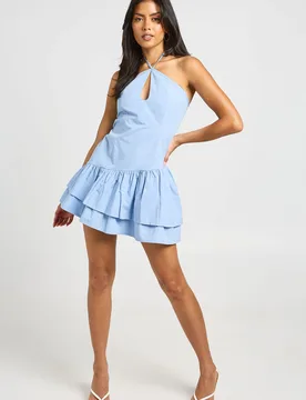 Womens Cotton Poplin Halterneck Dropped Asymmetric Hem Mini Dress - Pale Blue - Size 8 Uk - Boohoo - FashionsVida