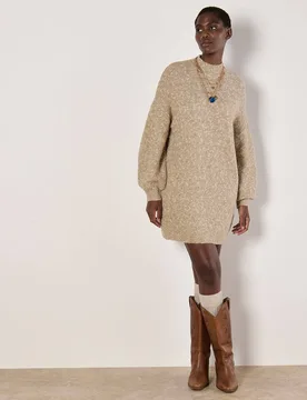 Women's Flecked Knit Jumper Mini Dress in Stone Size: 10 - Stone - Size: 10 - Apricot - FashionsVida