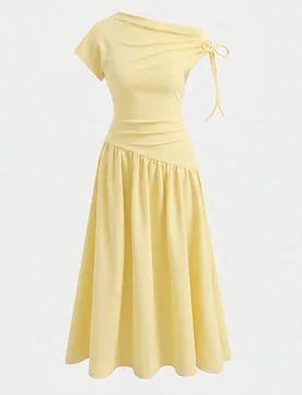 Vestido casual y elegante de color azul marino sólido para adolescentes, con cuello asimétrico, fruncido, lazo y cintura elástica, adecuado para sa - Shein - FashionsVida