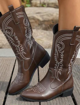 Botas occidentales de mujer nuevas de estilo americano vintage con bordado y punta puntiaguda, botas altas de moda color café marrón, botas de monta - Shein - FashionsVida