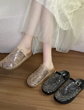 Women Rhinestone Mesh Mules Slippers Summer Hollow Out Closed Toe Slides Sandals Fashion Buckle Breathable Flat Casual Shoes - Aliexpress - FashionsVida