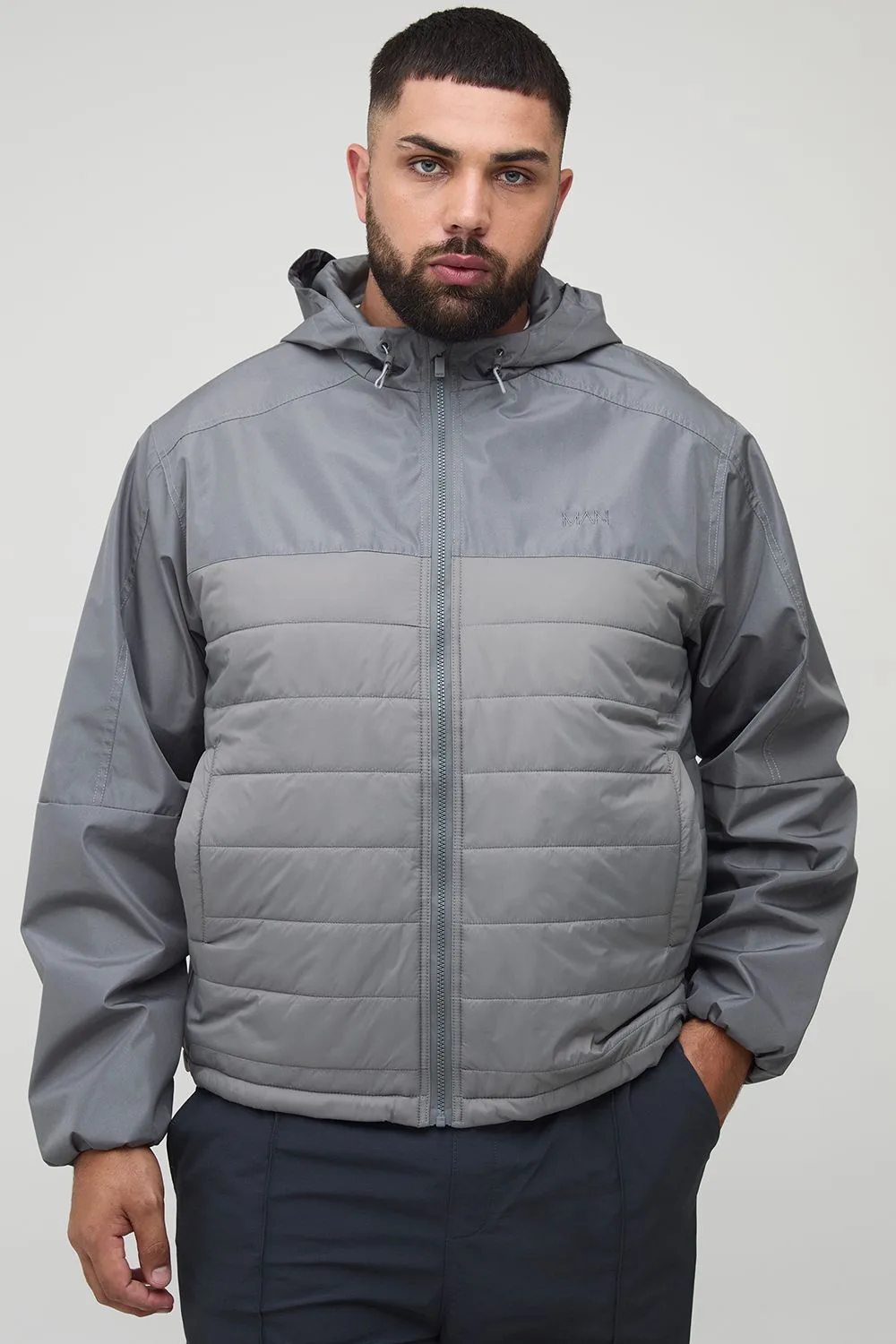 Mens Plus Regular Fit Lightweight Quilted Hooded Jacket - Grey - Size 2xl - boohooMAN - FashionsVida
