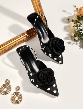 Zapatos de tacón alto tipo kitten heel para mujer, estilo slingback de satén con decoración floral, punta fina, slip-on, versátiles y elegantes pa - Shein - FashionsVida