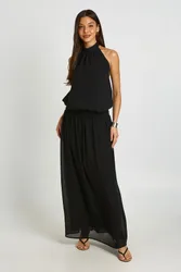 Womens Chiffon Ruched Drop Waist Halter Neck Maxi Dress - Black - Size 14 Uk