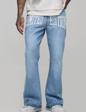 Herren Tall Jeans Hosen mit rohem Saum, Applikation und Zwickel in ausgestellter Form Light Wash Größe 40