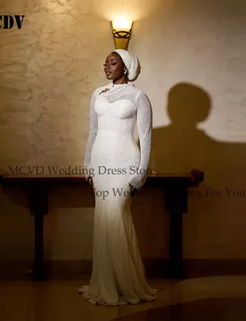 MCDV Customized O-Neck Beaded Lace Pearls Mermaid Wedding Dress African Sweep Train Long Sleeves Luxury Bridal Gown Sweep Train - Aliexpress - FashionsVida