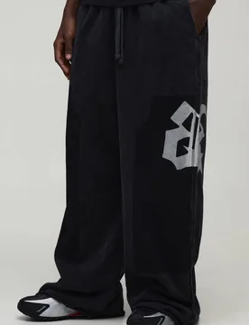 Men's Extreme Wide Leg Embellished Washed Loopback Jogger Black Size X-Large Black XL - boohooMAN - FashionsVida