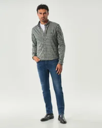 Camicia Polo custom-fit in puro cotone a fantasia check blu e verde con colletto button-down