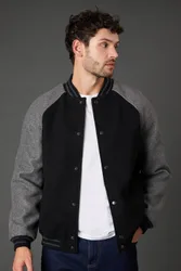 Black Wool Look Varsity Bomber Jacket - Black - Size: 2XL
