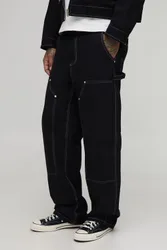 Mens Tall Canvas Relaxed Fit Worker Trousers - Black Cotton - Size 32r