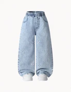 Jeans de estilo lindo para niñas, aptos para primavera/verano/otoño/invierno, color denim azul medio, ajuste recto y holgado con lazo blanco bordado - Shein - FashionsVida