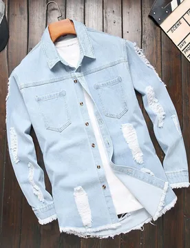 Camisa vaquera de manga larga con bolsillos duales, acabado deshilachado y sin camiseta, para otoño - Shein - FashionsVida
