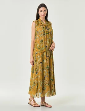Gonna lunga svasata ocra in creponne di viscosa con stampa paisley ed elastico in vita - Marella - FashionsVida