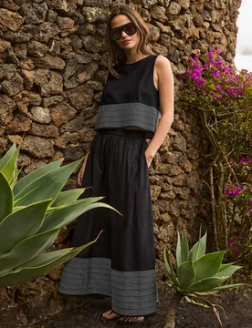 Pure Cotton Contrast Stitch Maxi Skirt Black Mix female - RO&ZO - FashionsVida